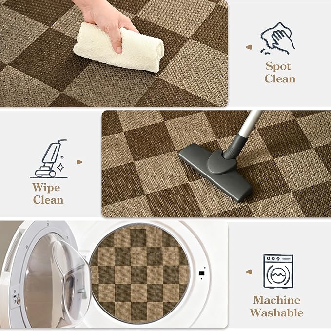 3x5 Outdoor Rug, Jute Checkered Rugs, Patio, Entryway, Balcony, Porch Rug | Indoor Plaid Carpets, Washable Bedroom Kitchen Carpet, Non Slip Farmhouse Neutral Laundry Office Floor Mat, Nature and Brown