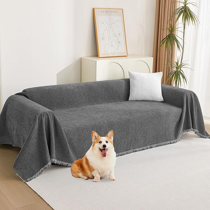 MYSKY HOME Loveseat Cover Charcoal Gray Couch Cover Sectional Couch Covers for 2 Cushion Couch Sofa Thick Universal Chenille Sofa Cover with Tassel Durable Furniture Protector for Dogs 91" x 118"