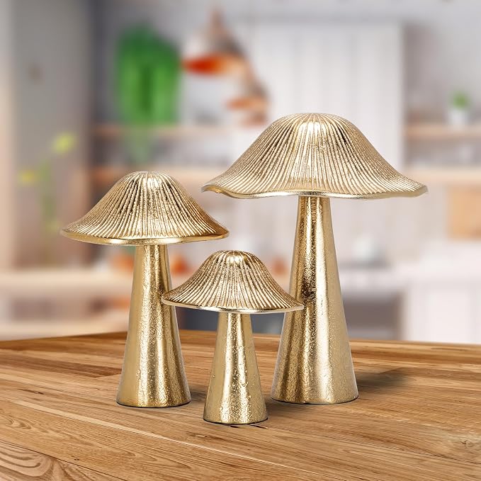 Abbott Collection Large Ribbed Mushroom | Burnished Gold Finish, Handcrafted in India, Aluminum, Gold, 7"H