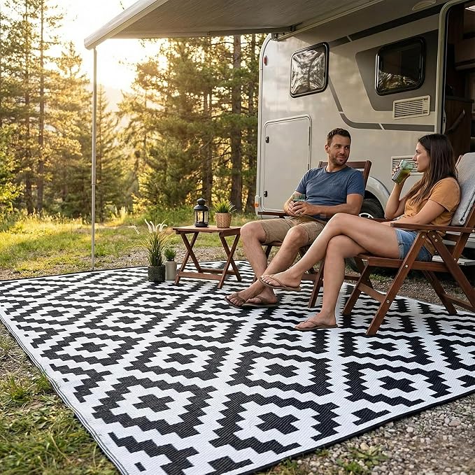 FH Home Outdoor Camping Rug - Waterproof, Fade Resistant, Reversible - Premium Recycled Plastic - Geometric - Patio, Deck, Sunroom, RV - Aztec - Black & White - 5 x 8 ft Foldable