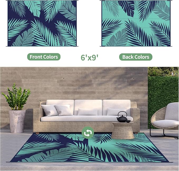 GENIMO Outdoor Rug, Waterproof Plastic Rugs for Patio, 6'x9' Blue Green | Outside Larger Leaf Carpet Mat for Porch Decor, Deck, Balcony, Camping, RV, Backyard, Picnic, Beach, Reversible, Foldable