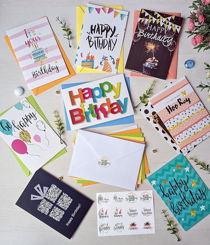 100 Unique Birthday Cards Assortment with Greetings Inside, Gold Foil Printing, Assorted Color Envelopes, 6 Sticker Designs to Seal Envelopes. 4x6 Inch