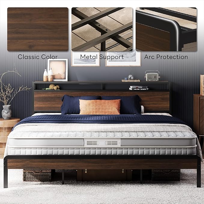 LIKIMIO King Size Bed Frame with 2-Tier Storage Shelf Headboard | Dark Wood Platform Bed, Camas King with Strong Metal Supports, Sturdy, Noise-Free, No Box Spring Needed, Dark Walnut