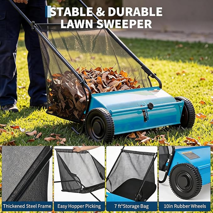 Heavy Duty 26-Inch Push Lawn Sweeper – 4 High-Speed Spinning Brushes | Durable Steel Frame, 7 Cu. Ft. Removable lawn mower, Rubber Wheels, Walk-Behind Leaf & Grass Collector for Lawn, Patio