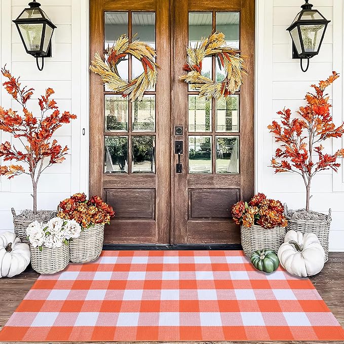 Orange and White Plaid Rug, 3' x 5' Fall Front Door Decor Mat, Cotton Washable Hand-Woven Door Mat for Layered Doormat, Autumn Halloween Thanksgiving Carpet for Porch, Entryway