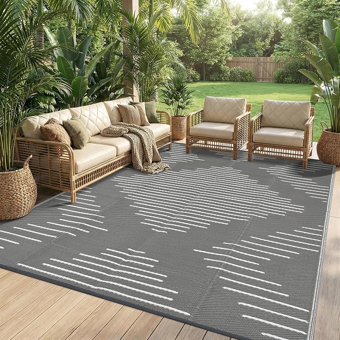 Garvee 6x9 Area Rugs Plastic Reversible Patio Rugs Outdoor Waterproof Easy-Cleaning Large Floor Mat for Outdoors Backyard Porch RV Beach Picnic Grey White