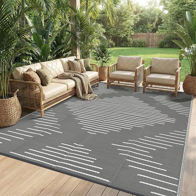 Garvee Waterproof Outdoor Rug 5x8 Rug Plastic Reversible Area Rugs Indoor Outdoor Carpet for Patio RV Porch Balcony Backyard Picnic Grey White