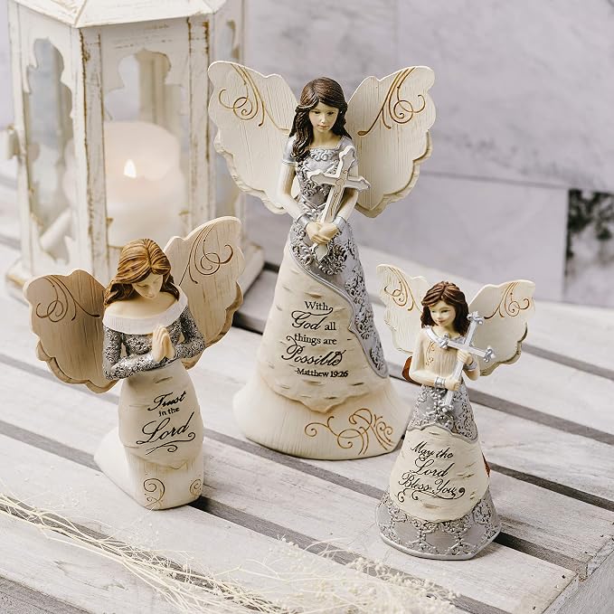 Pavilion - Elements Faith Angel Figurine - 6-1/2-Inch, Holding Cross, Inscription with God All Things are Possible