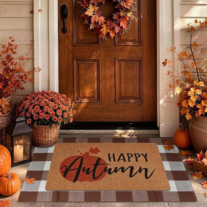 2 Pcs Autumn Outdoor Doormat Welcome Coir Doormat Rug Layered Red White Buffalo Plaid Mat for Front Porch Entryway