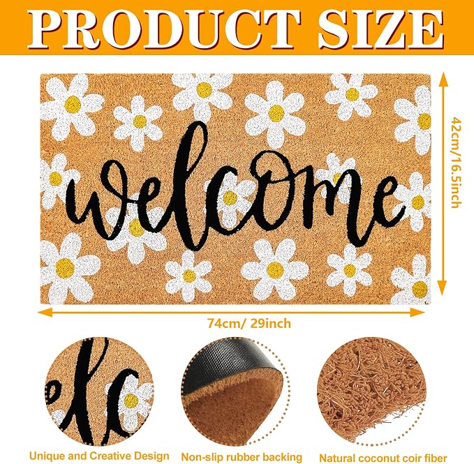 JarThenaAMCS Spring Flower Welcome Doormat Daisy Natural Coir Door Mat Non-Slip Floral Entrance Door Rugs for Indoor Outdoor Home Bathroom Decor, 16.5 x 29 Inch