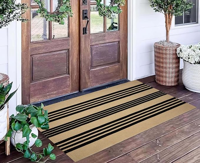 Khaki Black Outdoor Rug 2'x4.3',Striped Front Porch Rug Machine Washable Front Door Mat Entryway Throw Rug for Front Porch Indoor Outdoor Doormat