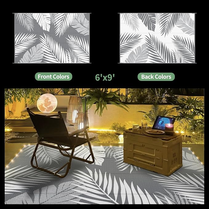 GENIMO Outdoor Rug, Waterproof Plastic Rugs for Patio, 6'x9' Led Grey White | Outside Larger Leaf Carpet Mat for Porch Decor, Deck, Balcony, Camping, RV, Backyard, Picnic, Beach, Reversible, Foldable