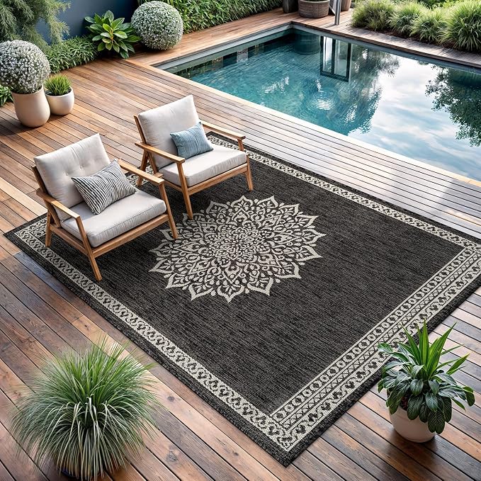 CAMILSON Outdoor Rug 9x12 Medallion Darkgray Modern Large Area Rugs for Indoor and Outdoor Patios Kitchen and Hallway Mats Washable Porch Deck Outside Carpet (Medallion Darkgray 9 x 12)
