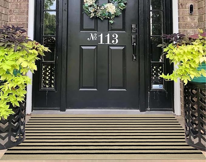Front Door Mat Outdoor 24"x51",Tan and Black Striped Porch Rug Cotton Woven Washable Indoor Outdoor Layered Doormat Farmhouse Small Area Rug for Porch/Entryway/Home Entrance Decor