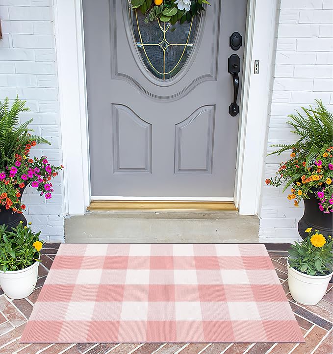 Pink and White Outdoor Rug 24''x35'' Buffalo Plaid Porch Mat Cotton Woven Machine Washable Carpet for Layered Doormat Hello/Welcome Door Mat,Kitchen,Farmhouse,Entryway