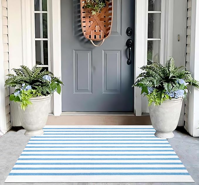 Striped Area Rug 27.5"x43",Light Blue and White Farmhouse Front Porch Rug Cotton Woven Washable Entryway Rug Indoor Outdoor Front Door Mat for Porch/Entryway/Home Entrance Decor