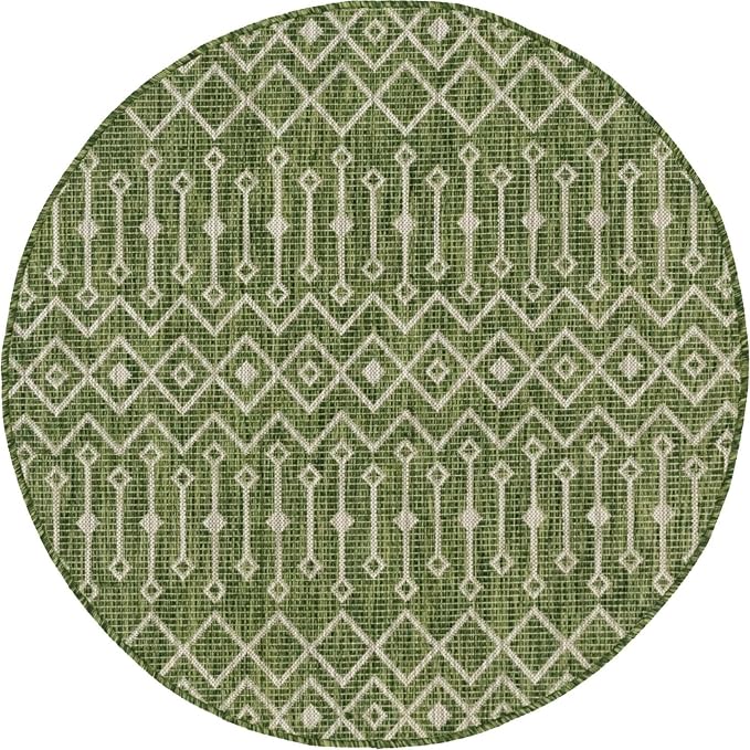 Unique Loom Outdoor Trellis Collection Area Rug - Tribal Trellis (5' 3" Round, Green/ Natural)
