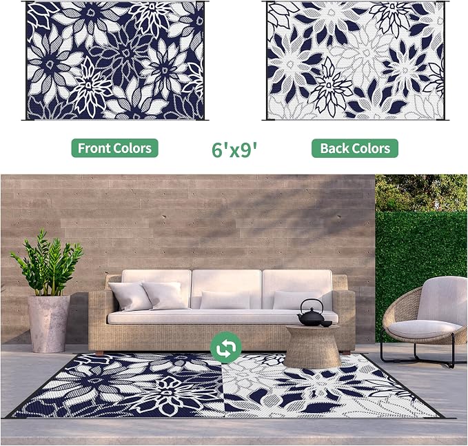 GENIMO Outdoor Rug, Waterproof Plastic Rugs for Patio, 6'x9' Sapphire White | Outside Larger Leaf Carpet Mat for Porch Decor, Deck, Balcony, Camping, RV, Backyard, Picnic, Beach, Reversible, Foldable