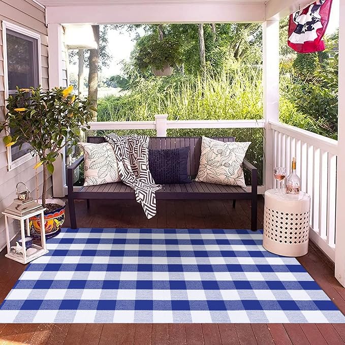 SEEKSEE Buffalo Plaid Rug 4' x 6' Blue and White Large Front Door Mat, Layering Area Rug, Summer Rug for Outdoor Patio Entryway Indoor Living Room Kitchen Dining Room Decor