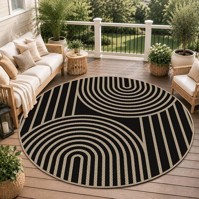 Capslpad Round Faux Jute Rug 6ft Washable Non Slip Area Rugs for Living Room Boho Circle Patio Carpet Low Pile Geometric Indoor Outdoor Rug for Backyard Bedroom Kitchen Entryway,Black&Nature