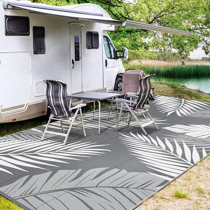 GENIMO Outdoor Rug, Waterproof Plastic Rugs 10'x14' for Camping Grey White | Outside Larger Leaf Carpet Mat for Porch Decor, Deck, Camping, RV, Backyard, Balcony, Picnic, Beach, Reversible, Foldable