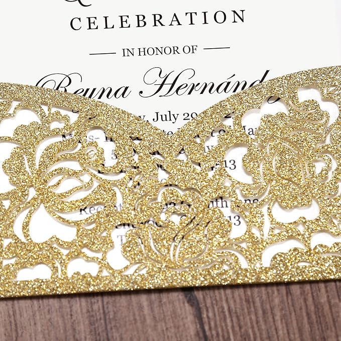 DORIS HOME 50Pcs Personalized Laser Cut Quinceanera Invitations, Gold | 4.7"x7.1", Glitter, Customized Quince Invitations, For 15th Birthday, Sweet 16, With Envelopes