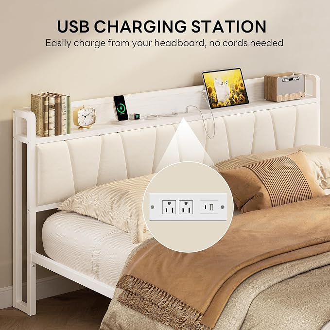 LIKIMIO California King Bed Frames, PU Leather Storage Headboard with Charging Station, Solid and Stable, Noise Free, No Box Spring Needed, Easy Assembly, White