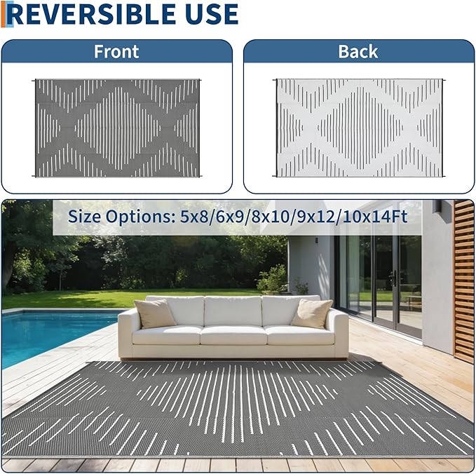 Garvee Waterproof Outdoor Rug 5x8 Rug Plastic Reversible Area Rugs Indoor Outdoor Carpet for Patio RV Porch Balcony Backyard Picnic Grey White