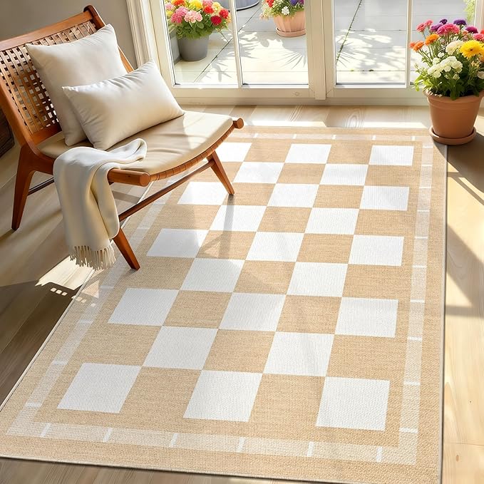 Vasofe 3x5 Outdoor Rug, Jute Checkered Rugs, Patio, Entryway, Plaid Carpet | Washable Indoor, Balcony, Porch, Bedroom Kitchen Carpets, Non Slip Farmhouse Neutral Laundry Office Mat, Khaki and White