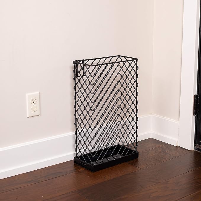 BIRDROCK HOME Decorative Umbrella Stand with Removable Water Tray - Large Metal Umbrella Rack and Cane Walking Stick Organizer for Entryway - Umbrella Holder for Indoor & Outdoor - Black, Diagonal