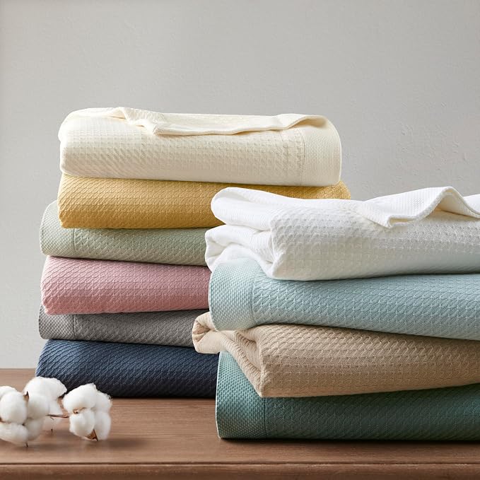 Madison Park 100% Egyptian Cotton Twin Size Bed Blanket for Summer Teal | Cozy Soft Breathable Durable, Waffle Weave Woven Casual, Lightweight Knit All Season Throw for Bed Couch or Sofa, OEKO TEX