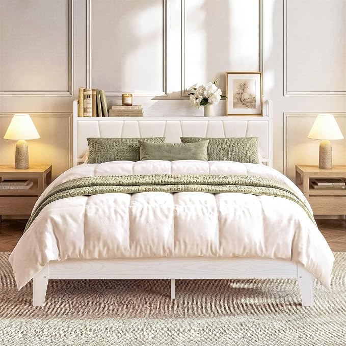 LIKIMIO Queen Bed Frames, PU Leather Storage Headboard with Charging Station, Solid and Stable, Noise Free, No Box Spring Needed, Easy Assembly, White