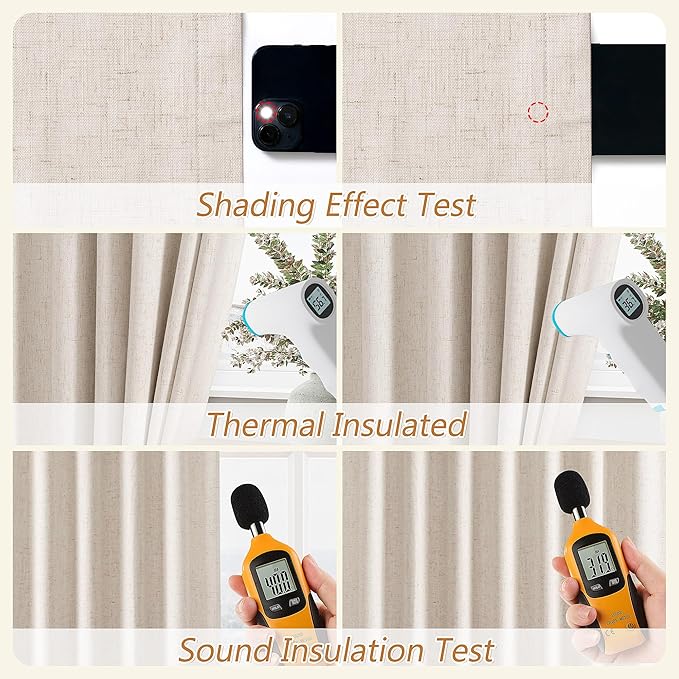 Guken 100% Blackout Linen Curtains 96 Inch Length 2 Panels Set for Living Room Bedroom Back Tab Thermal Insulated Black Out Drapes Room Darkening Farmhouse Style for Bedroom Window Curtains 52x96