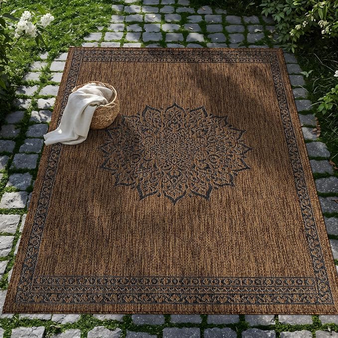 CAMILSON Outdoor Rug 8x10 Medallion Gold Modern Area Rugs for Indoor and Outdoor Patios Kitchen and Hallway Mats Washable Porch Deck Outside Carpet (Medallion Gold 8 x 10)