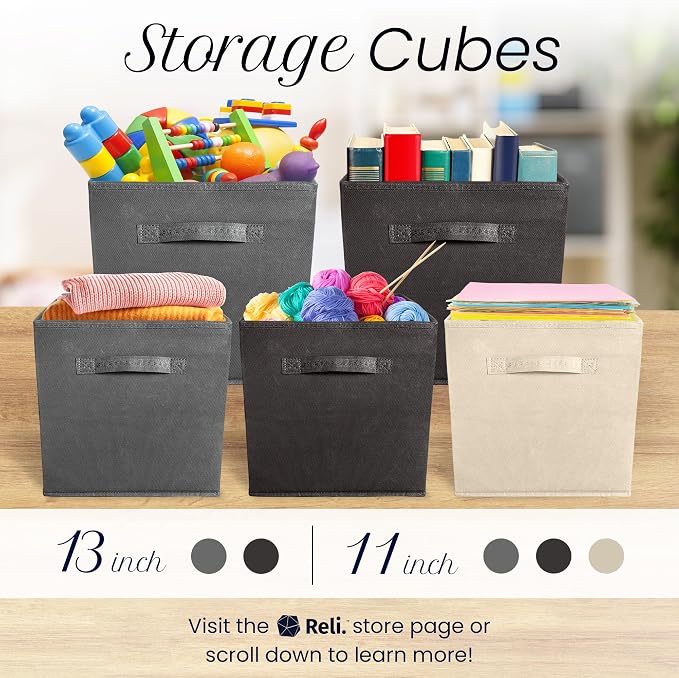 Reli. 13x13x13 Storage Cube Bins (8 Pack) | Large Cube Organizer Bins | 13x13 Fabric Storage Boxes | Fits Kallax | Collapsible, Foldable Fabric Cubby Box (Square) | Kids Room Organization (Black)