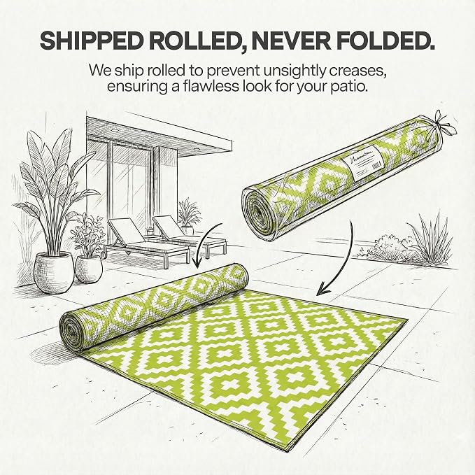FH Home Outdoor Rug - Waterproof, Fade Resistant, Reversible - Premium Recycled Plastic - Geometric - Large Patio, Deck, Sunroom, Camping, RV - Aztec - Green & White Crease Free - 6 x 9 ft