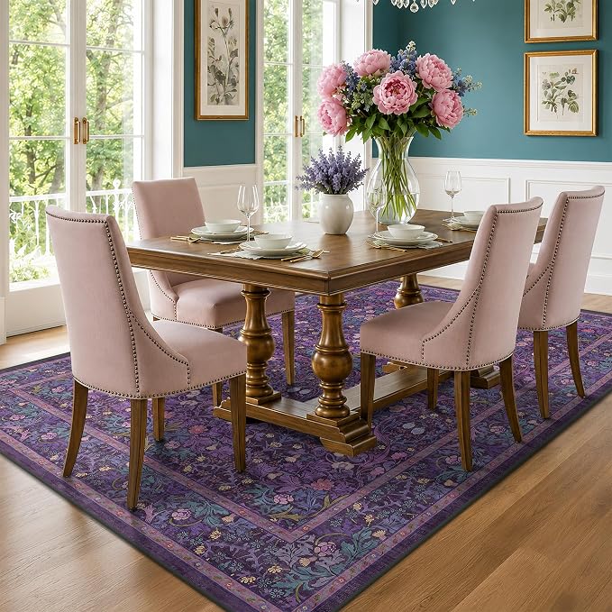 Boho Dark Purple 6x9 Living Room Area Rug, Washable Floral Bedroom Carpet, Oriental Large Violet Area Rug for Dining Room Under Table, Non-Slip Stain Resistant