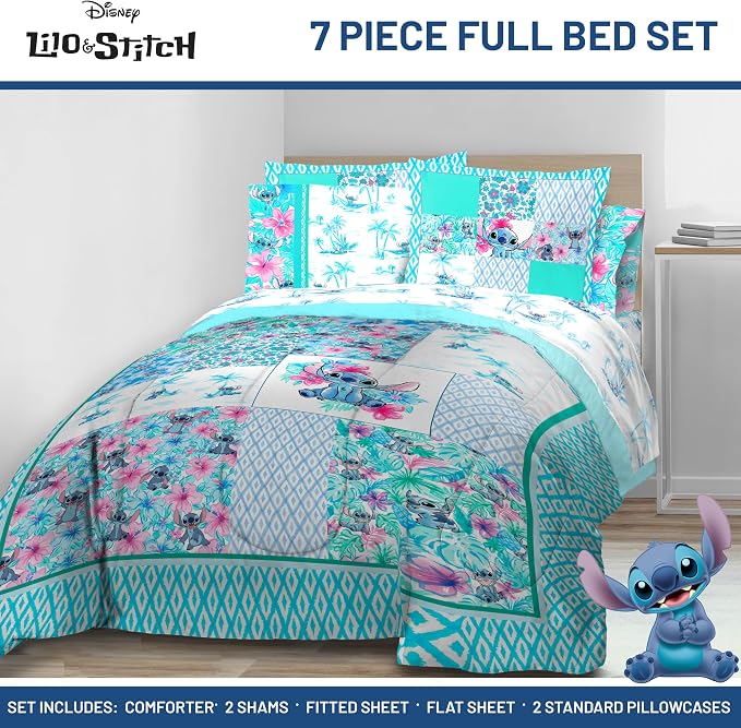 Disney Lilo and Stitch Full Size Comforter Set 7 Piece Bedding, Multi | Floral Bed in a Bag, Comforter Sheets Shams Pillowcases, Official Product, Soft Microfiber, Machine Washable, Girls Gift