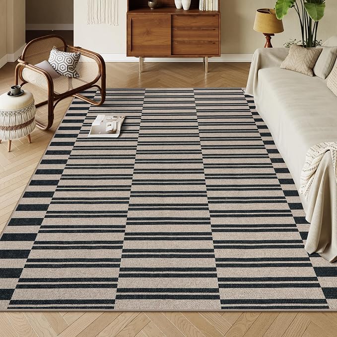 Lahome Striped Easy Jute Living Room Rug, 8x10 Outdoor Patio Rugs Washable | Black Indoor Dining Room Area Rug, Modern Farmhouse Geometric Non Slip Non Shedding Carpet for Deck Office Backyard Mudroom