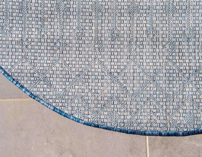 Unique Loom Outdoor Trellis Collection Area Rug - Tribal Trellis (10' Round, Blue/ Ivory)