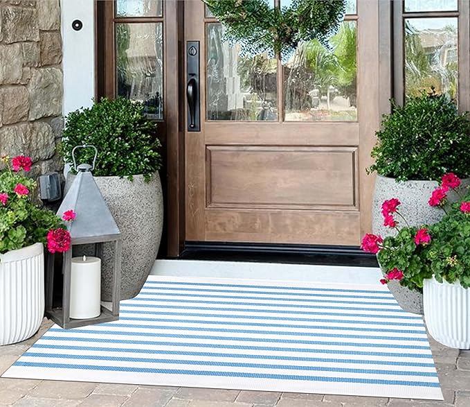 2x4 Outdoor Rug,Light Blue and White Striped Front Porch Rug Cotton Woven Washable Indoor Outdoor Doormat Farmhouse Small Area Rug for Porch/Entryway/Home Entrance Decor