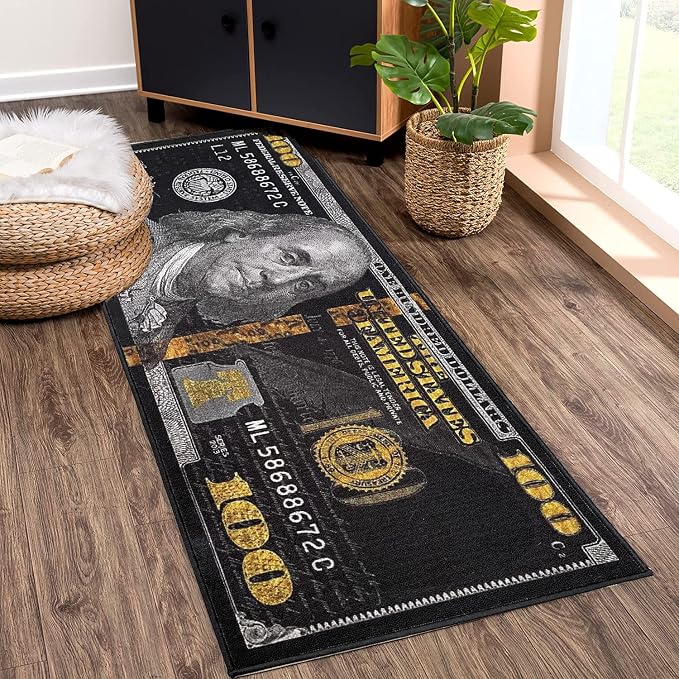 HUAHOO Black Money Rugs 100 Dollar Bill Cool Area Rug Door Mat Runner for Living Room Bedroom Indoor Outdoor Rug (31.5" x 78.7")