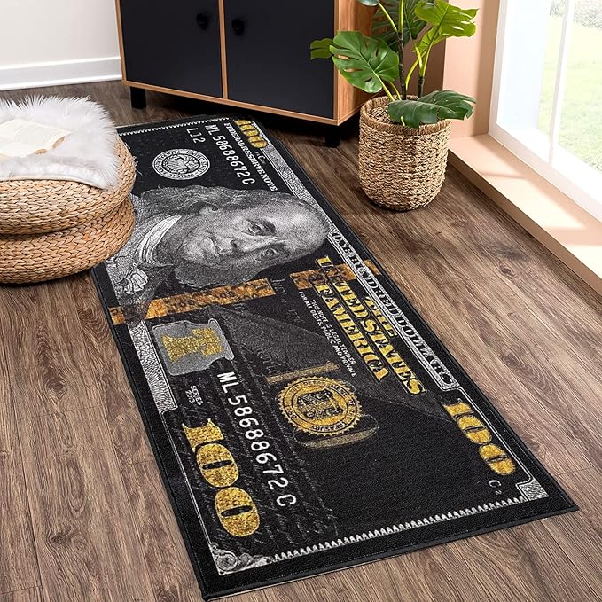 HUAHOO Black Money Rugs 100 Dollar Bill Area Rug Door Mat Runner for Living Room Bedroom Indoor Outdoor Rug 22" x 53"