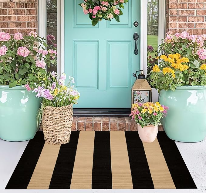 Black and Tan Layered Doormat,2x3 ft Striped Small Outdoor Rug Cotton Woven Washable Farmhouse Layered Door Mats for Entryway/Porch Decor/Kitchen/Home Entrance