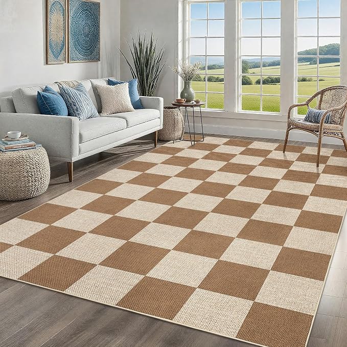 COZYLOOM 8x10 Rugs for Living Room Machine Washable Area Rugs Modern Geometric Easy Jute Rug Non Slip Non Shedding Checkered Carpet Stain Resistant Mats for Bedroom, Dining Room, RV, Patio, Coffee