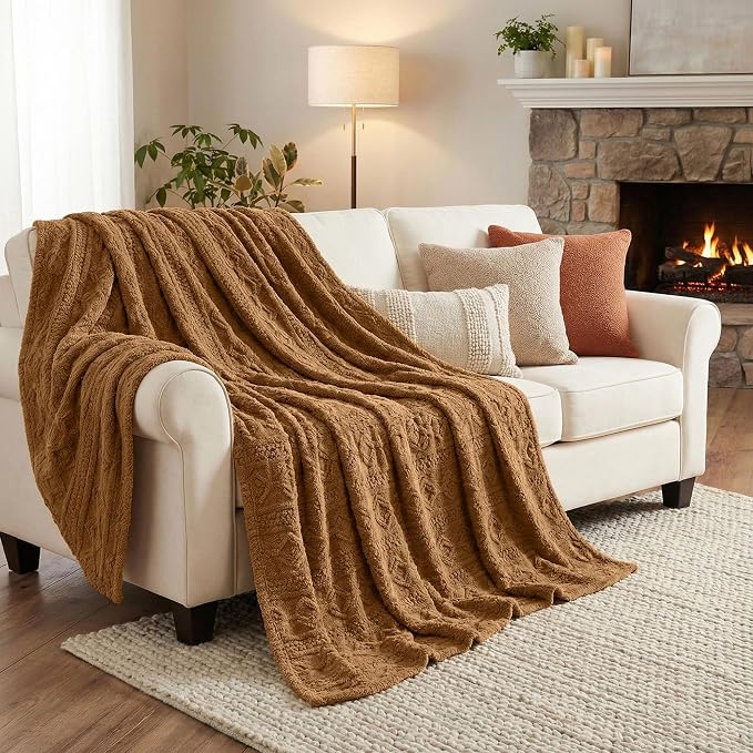 SUPERIOR Fleece Boho Jacquard Blanket, Decorative Blankets for Bedroom, Sofa, Fuzzy, Plush, Fluffy, Soft, Cute Room Decor, Beautiful Cover, Comfort Essentials, Arctic Collection, Full/Queen, Camel