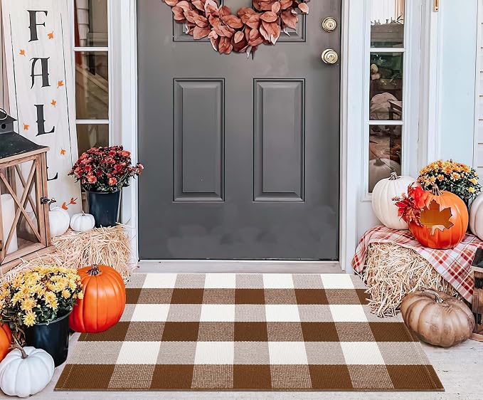Fall Outdoor Rug 2'x3',Coffee and White Checkered Area Rug Halloween Cotton Washable Layered Doormat for Hello Welcome Front Porch Door Mats Bedroom Living Room