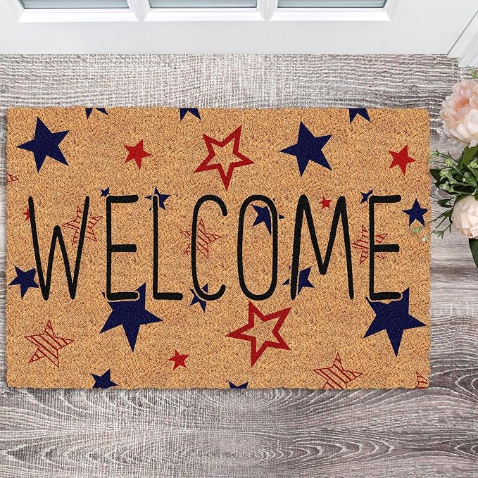 Ceenna 4th of July Patriotic Coir Door Mat Outdoor Red White Blue 250th Anniversary Star Welcome Rug Patriotic Doormat Non-Slip Entrance Rugs for Independence Day Memorial Day Home Decor 16 x 28 Inch