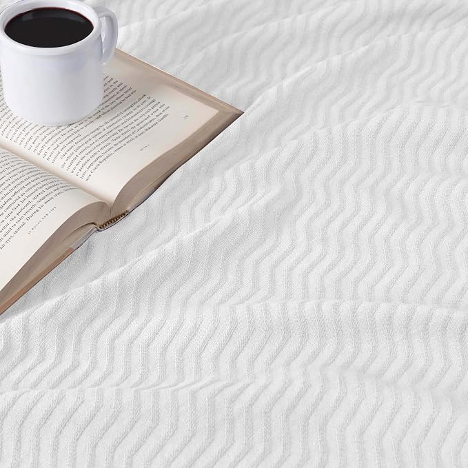 Superior JENA Cotton Blanket, for Picnic, Beach, Traveling or Camping, Bedroom Decor, Essentials, Cover for Bed, Couch, Lounging, Textured Jacquard, Modern Chevron Woven Blanket, Throw, White