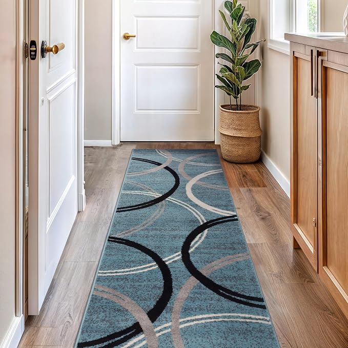 Rugshop Wavy Circles Modern Jute Backing Runner Rug Blue 2'7" x 6' | Rectangular, Size 2'7" x 6', Living Room, Bedroom, Dining Room, Home Office, Kitchen, Entryway, Hallway, Nursery, Kids Room